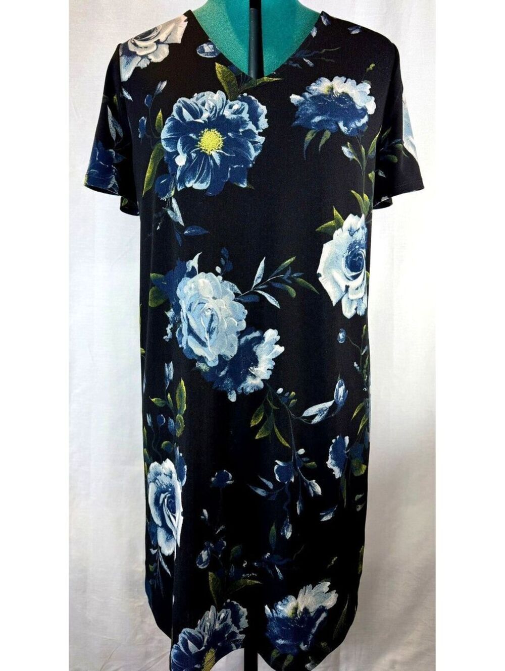 Christian Siriano New York Size M Black Blue Floral V-Neck Tunic Dress